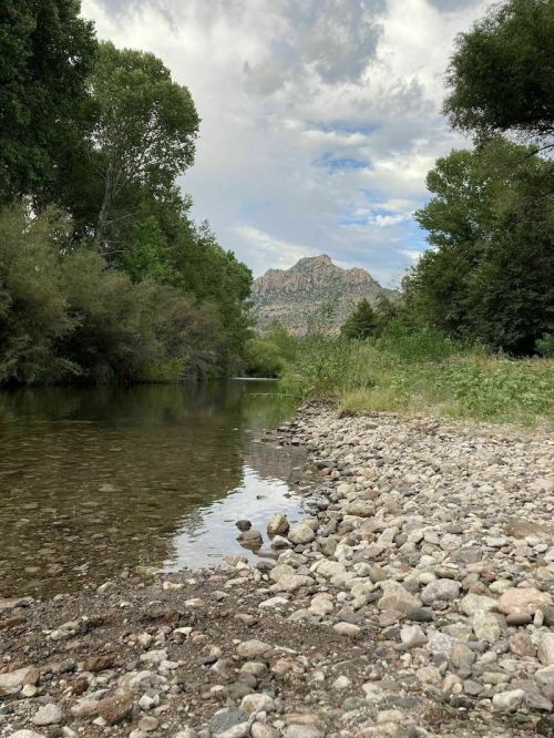 A serene riverbank lined with pebbles, surrounded by lush trees and mountains under a cloudy sky.