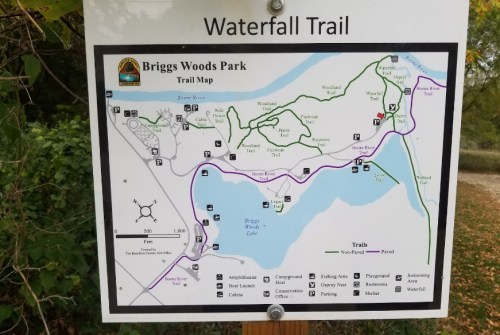 Map of Briggs Woods Park showing the Waterfall Trail and various park features, including trails and facilities.