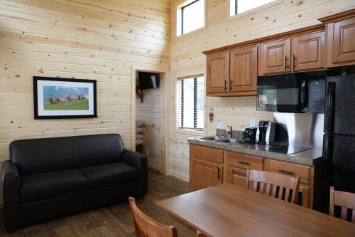 Cozy cabin interior featuring a sofa, kitchen with wooden cabinets, and a dining table in a warm, rustic setting.