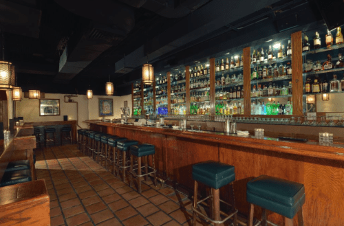 A dimly lit bar with wooden counters, high stools, and shelves lined with various bottles of liquor.