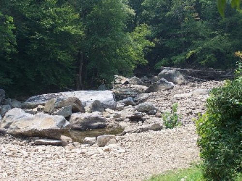 A rocky riverbed surrounded by lush green trees under a clear sky.