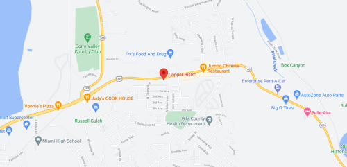 Map showing a section of a town with various businesses, including Copper Bistro and Vonnie's Pizza.