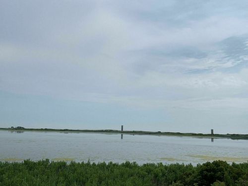 A calm body of water reflects two distant towers, surrounded by lush greenery under a cloudy sky.