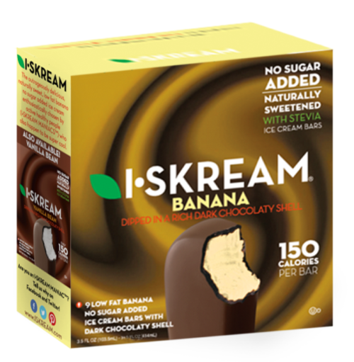 Box of I-SKREAM banana ice cream bars, dipped in dark chocolate, with no sugar added and 150 calories per bar.