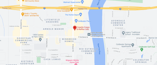 Map showing the location of Crepelle Crepes & Waffles Cafe in Goodyear, Arizona, near various shops and parks.