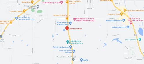 Map showing various businesses and landmarks in Fredericksburg, including Das Peach Haus and nearby restaurants.