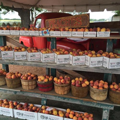 A rustic market stand filled with baskets and boxes of fresh peaches, with a vintage red truck in the background.