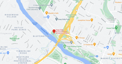 Map showing the location of Deep Eddy Municipal Pool in Austin, Texas, near the Colorado River and surrounding streets.