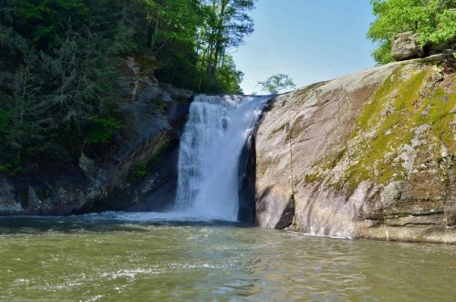 A serene waterfall cascading over rocky cliffs into a calm pool, surrounded by lush greenery and clear blue skies.
