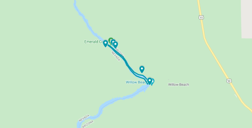 Map showing Willow Beach and nearby locations, with a river and marked points of interest in a green landscape.
