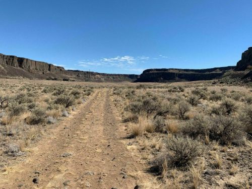 A dirt path leads through a dry, open landscape with sparse vegetation and rocky cliffs under a clear blue sky.
