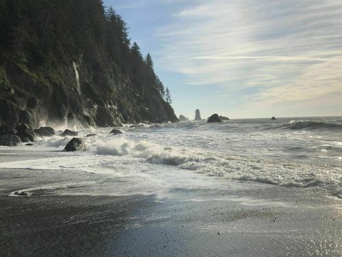 A serene coastal scene with waves crashing on a rocky shore, surrounded by lush greenery and distant sea stacks.