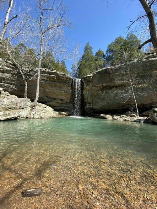 A serene waterfall cascades into a clear pool, surrounded by rocky cliffs and bare trees under a bright blue sky.