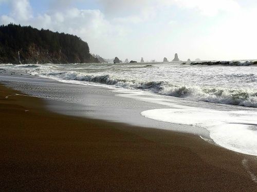 A sandy beach with gentle waves, rocky formations in the distance, and a forested coastline under a cloudy sky.