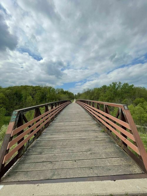 A wooden bridge stretches into the distance, surrounded by lush greenery and a cloudy sky.