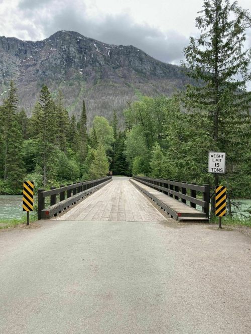A wooden bridge leads into a lush green forest, with mountains in the background and a weight limit sign on the side.