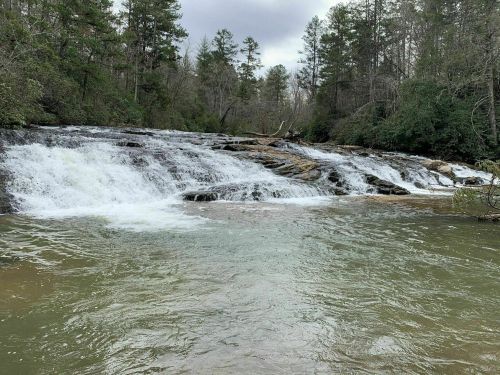 A serene waterfall cascades over rocky ledges into a calm river, surrounded by lush trees and a cloudy sky.