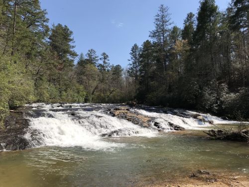 A serene river with cascading waterfalls, surrounded by lush green trees under a clear blue sky.
