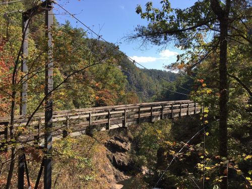 A wooden bridge spans a rocky gorge, surrounded by colorful autumn foliage and tall trees under a clear blue sky.