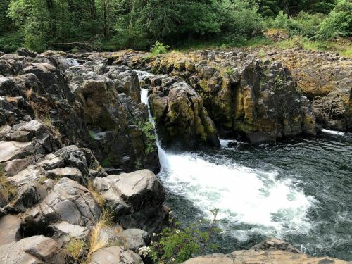 A rocky landscape with a waterfall cascading into a dark pool, surrounded by lush green trees and vegetation.