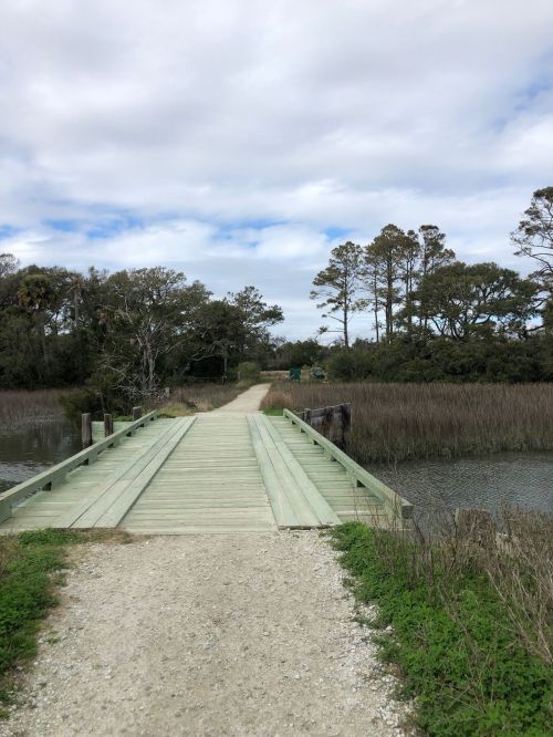 A wooden bridge leads into a grassy area, surrounded by trees and water under a cloudy sky.