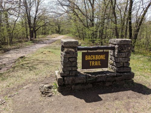 Sign for Backbone Trail at a wooded area, with a dirt path leading into the trees.