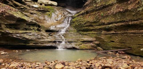 A small waterfall cascades over moss-covered rocks into a serene pool surrounded by earthy tones and pebbles.