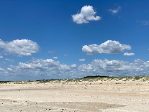 A sandy beach under a bright blue sky with fluffy white clouds and green dunes in the background.