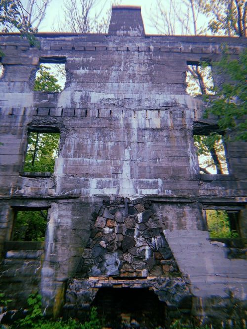 Ruined concrete building with crumbling walls and a stone fireplace, surrounded by overgrown trees and vegetation.