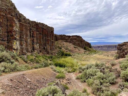A rocky canyon landscape with steep cliffs, sparse vegetation, and a cloudy sky in the background.