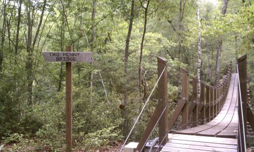 A wooden sign reads "Two Penny Bridge" next to a narrow suspension bridge surrounded by lush greenery.