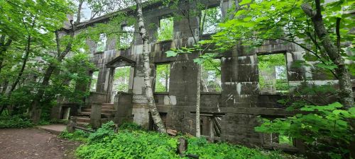Ruins of a stone building surrounded by lush greenery and trees, with several windows and a partially intact entrance.