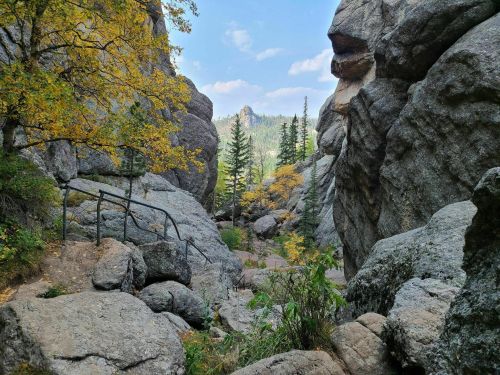 A rocky canyon with a path, surrounded by trees and autumn foliage, under a blue sky with fluffy clouds.
