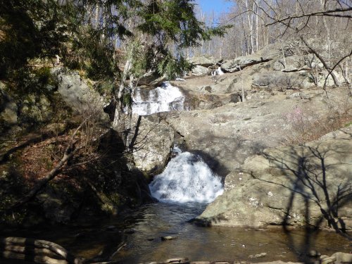 A serene waterfall cascades over rocky terrain, surrounded by trees and a clear blue sky.