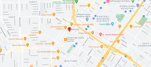 Map of Midtown Houston, highlighting various restaurants and landmarks, including FAO HTX and Central Business District.