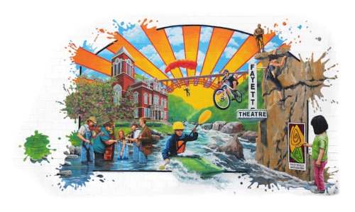 A vibrant mural depicting outdoor activities, a theater, and scenic landscapes in Fayette, showcasing community life and adventure.