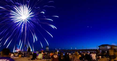 Colorful fireworks burst over a beach crowd at night, with a pier and deep blue sky in the background.