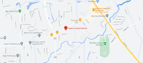 Map showing the location of Flippers Coastal Seafood, near Bay Area Raceway and various local businesses.
