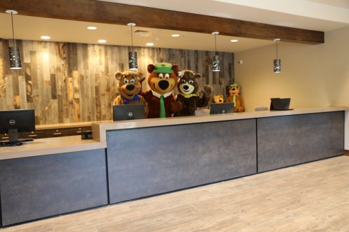 A reception area with a wooden backdrop and three bear mascots standing behind the front desk.