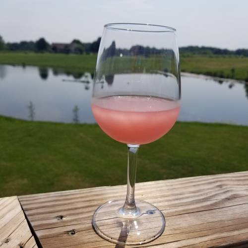 A glass of pink drink sits on a wooden railing, with a serene pond and green landscape in the background.