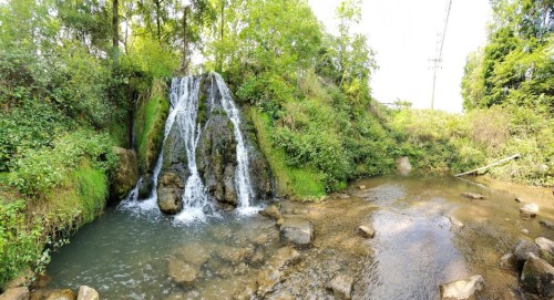 A serene waterfall cascading over rocks into a calm stream, surrounded by lush greenery and trees.