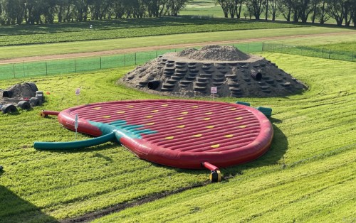 A large inflatable strawberry-shaped slide on green grass, with a dirt mound and tires in the background.