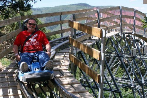 A man in a red shirt enjoys a ride on a mountain coaster, surrounded by scenic views and wooden track.