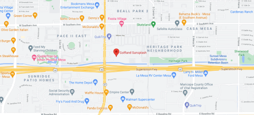 Map showing the area around Golfland Sunsplash in Mesa, Arizona, with nearby streets and landmarks.