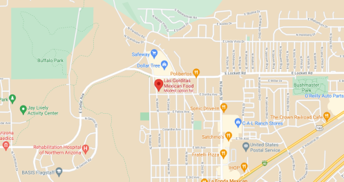 Map showing the location of Las Gorditas Mexican Food near Safeway and Dollar Tree in Flagstaff, Arizona.