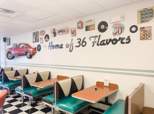 A retro diner interior featuring booths, a vintage car decor, and a wall sign reading "Home of 36 Flavors."