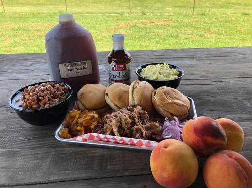 A picnic spread featuring pulled pork sandwiches, sides of beans and potato salad, sweet tea, and fresh peaches.