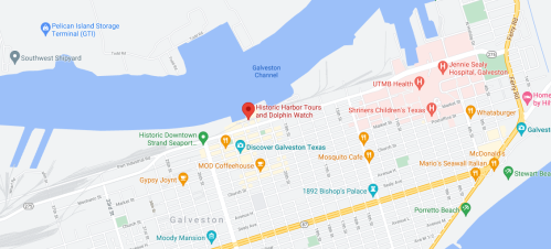 Map of Galveston, Texas, highlighting Historic Harbor Tours and nearby landmarks and streets.