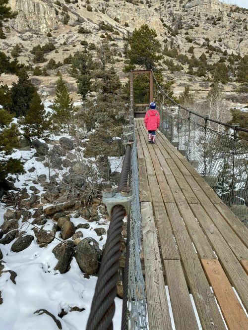 A child in a pink coat walks on a wooden suspension bridge surrounded by snow and rocky terrain.