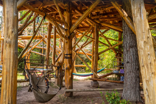 A wooden structure with exposed beams, featuring hammocks and a cozy, natural setting.